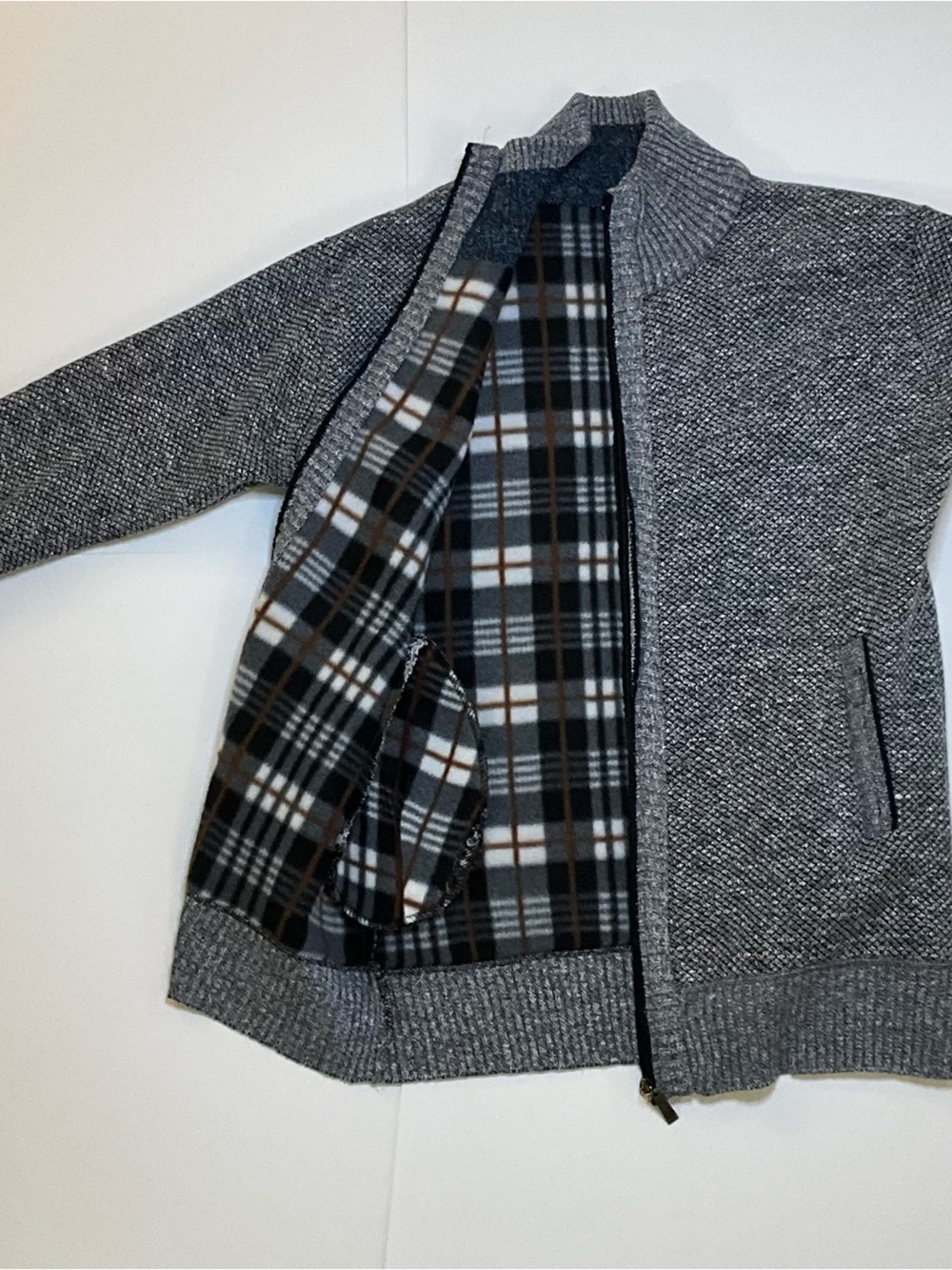 Men’s Gray Marled Full Zip Sweater Jacket Plaid Fleece Lined Size S - Picture 7 of 8
